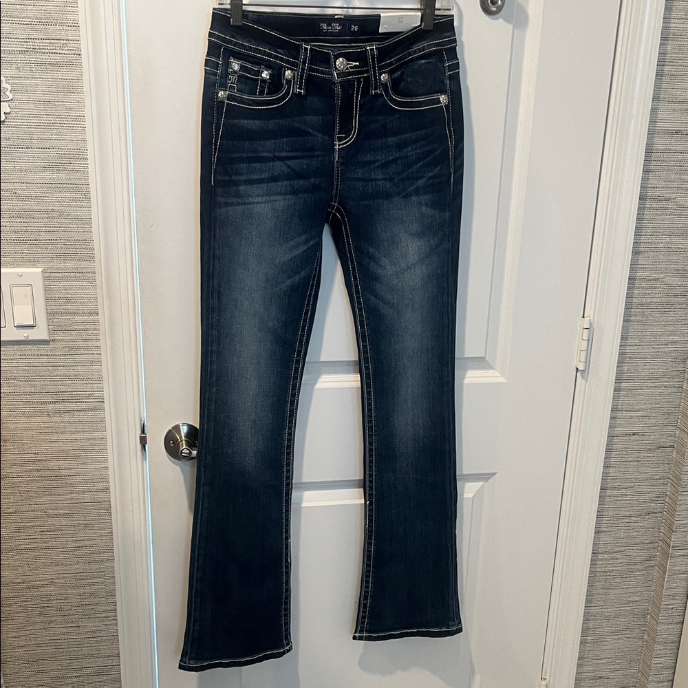 NWT - Miss Me Dark Blue Boot Cut Jeans with Silver Embroidery